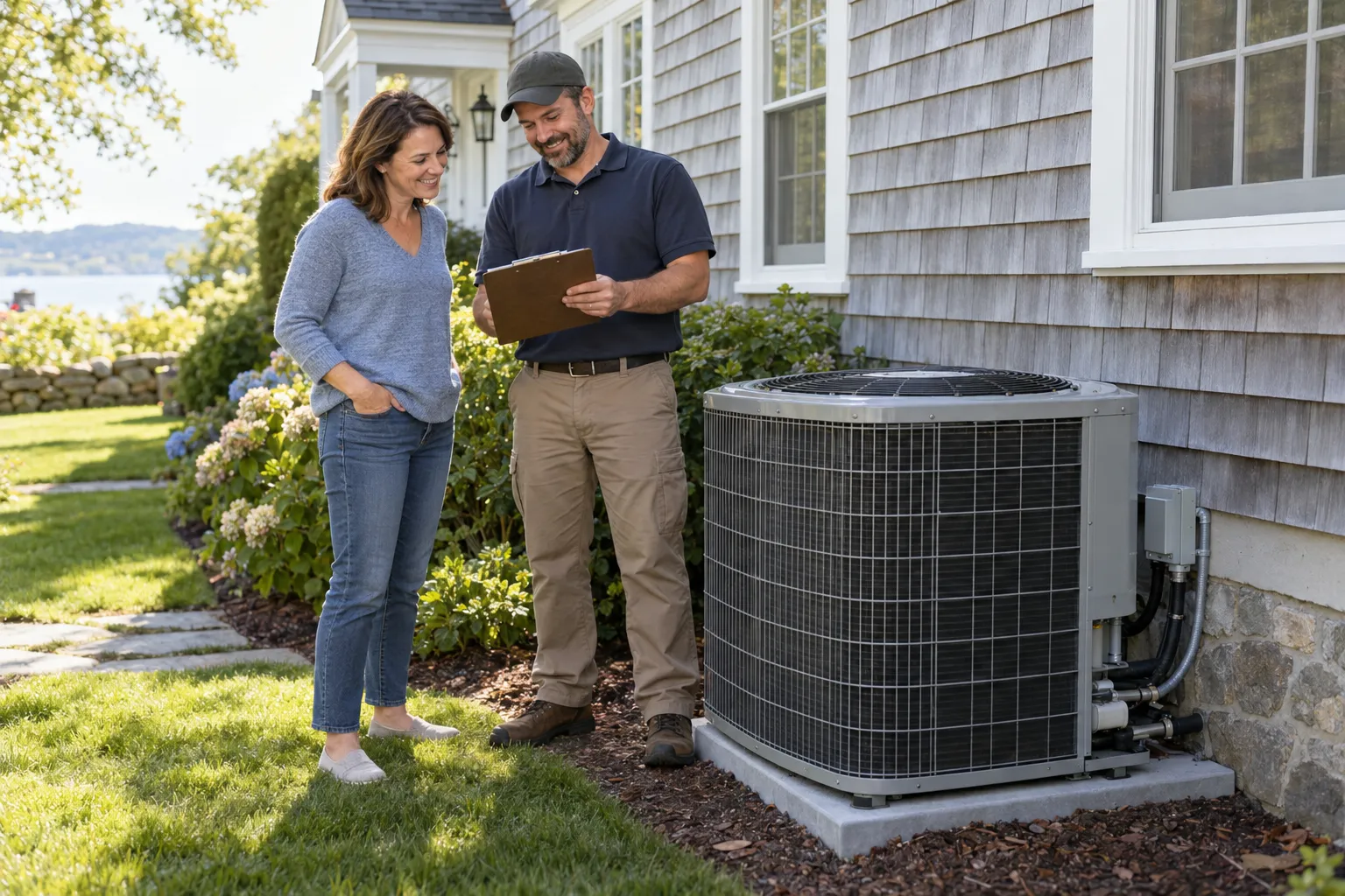 A friendly homeowner in Brewster reviewing a new air conditioner estimate with an HVAC provider beside the outdoor unit