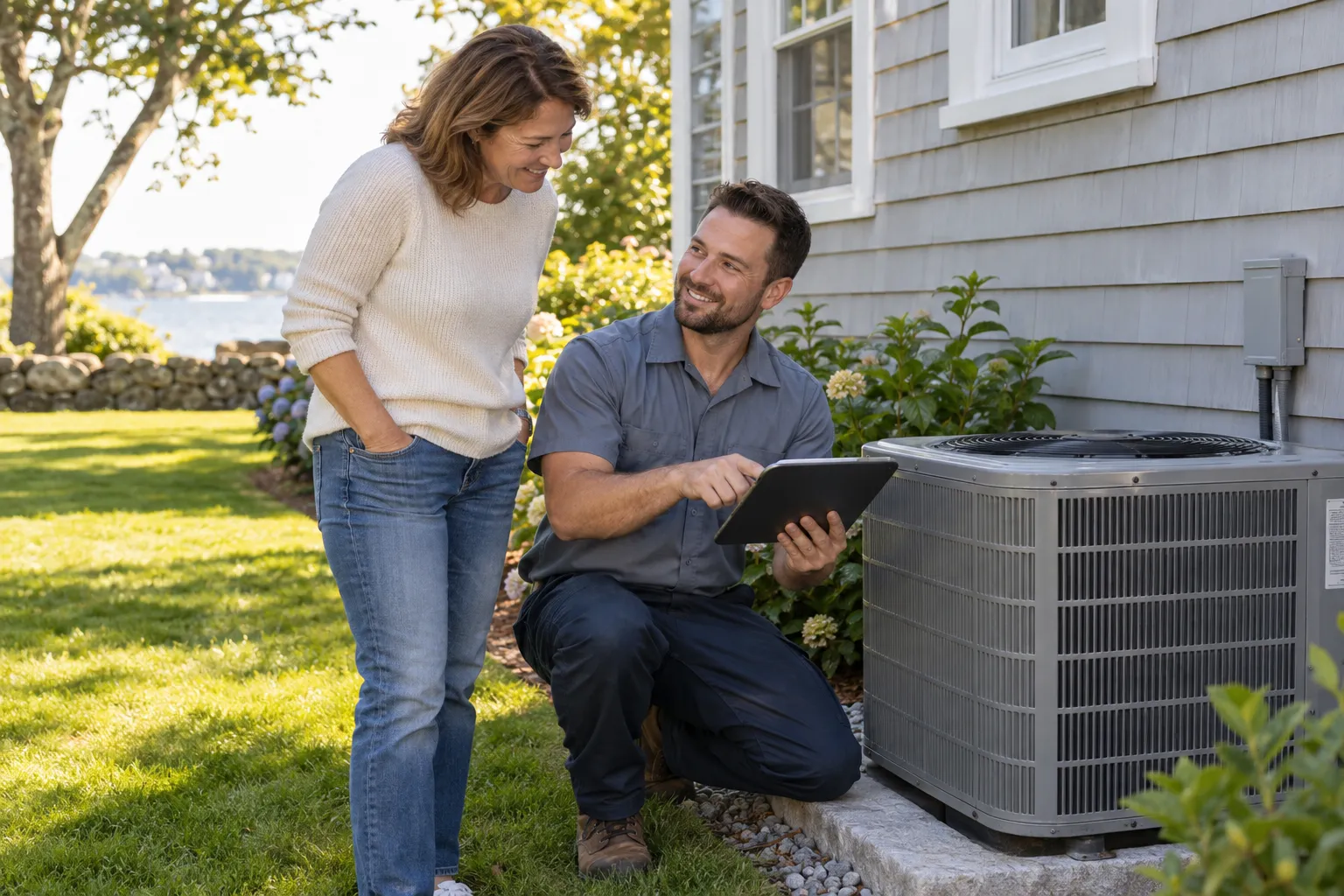 A friendly local HVAC provider checking an outdoor AC unit beside a house in Brewster while a homeowner looks on