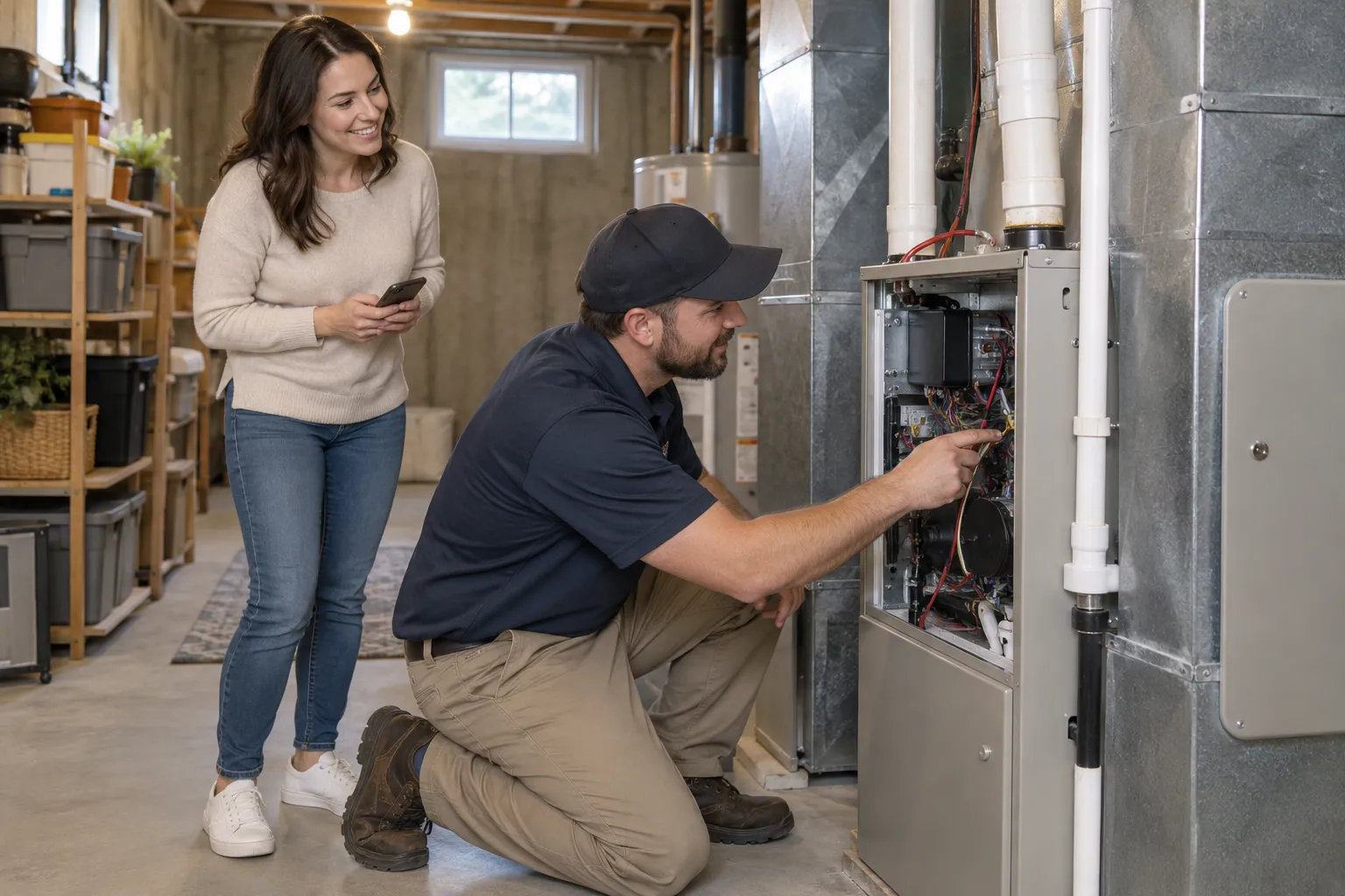 A provider checking an indoor AC unit in a basement home