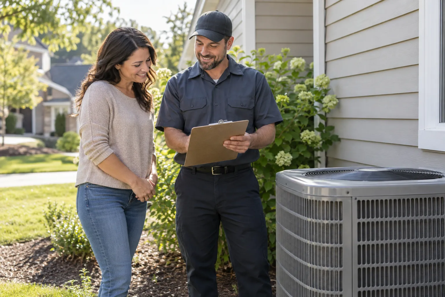 A homeowner in Brewster talking with a friendly HVAC provider beside an outdoor air conditioner